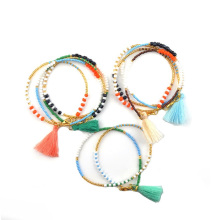 Pulseira feminina de moda verão boêmia em cores feitas à mão pulseira de contas de arroz com borla dupla